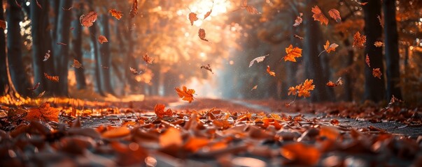 Leaves falling onto an autumn path