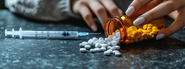 Woman pouring pills from bottle on table with syringe beside