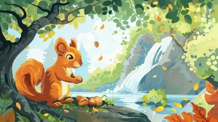 A Cute Squirrel by the Waterfall