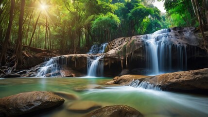 Obraz premium A beautiful waterfall cascades down a rocky cliff into a clear blue pool surrounded by lush green trees and foliage