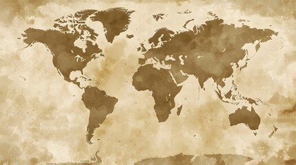 Vintage World Map with Sepia Toned Textured Design for Historic and Nostalgic Backgrounds