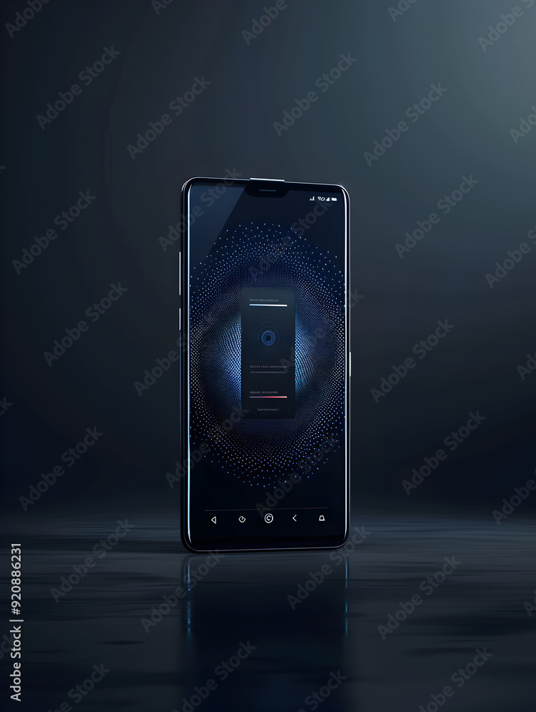 Poster photo realistic phone with biometric login concept: smartphone displaying biometric interface on pla