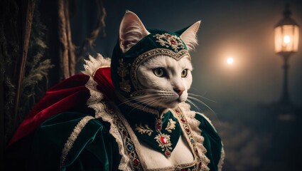 A regal white cat poses in a luxurious historical outfit surrounded by soft light