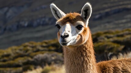 Obraz premium A close-up of a brown and white llama looking
