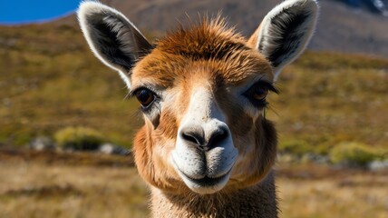 Obraz premium A close-up of a brown and white llama looking