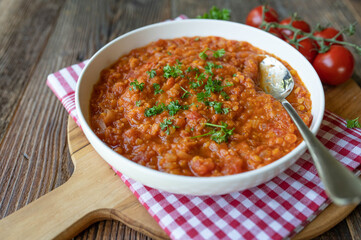Tomato soup with red lentils. Healthy homemade vegan food 