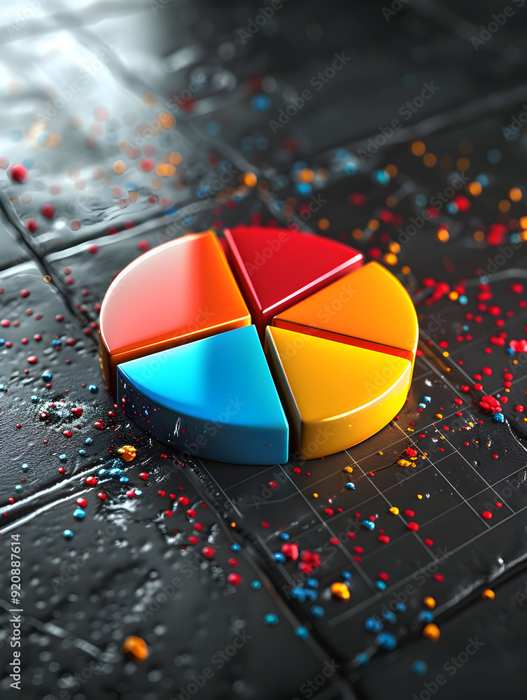 Poster photo realistic pie chart with dma text: professional logo design for statistical data management id
