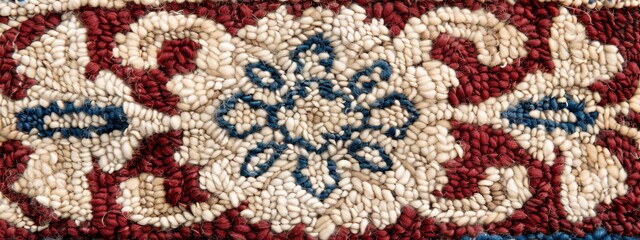  A detailed view of a multicolored rug in red, white, and blue hues, featuring a design prominently placed in its central portion