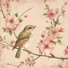 Delicate Bird and Flower Illustration: Vintage Spring Blossoms in Pink