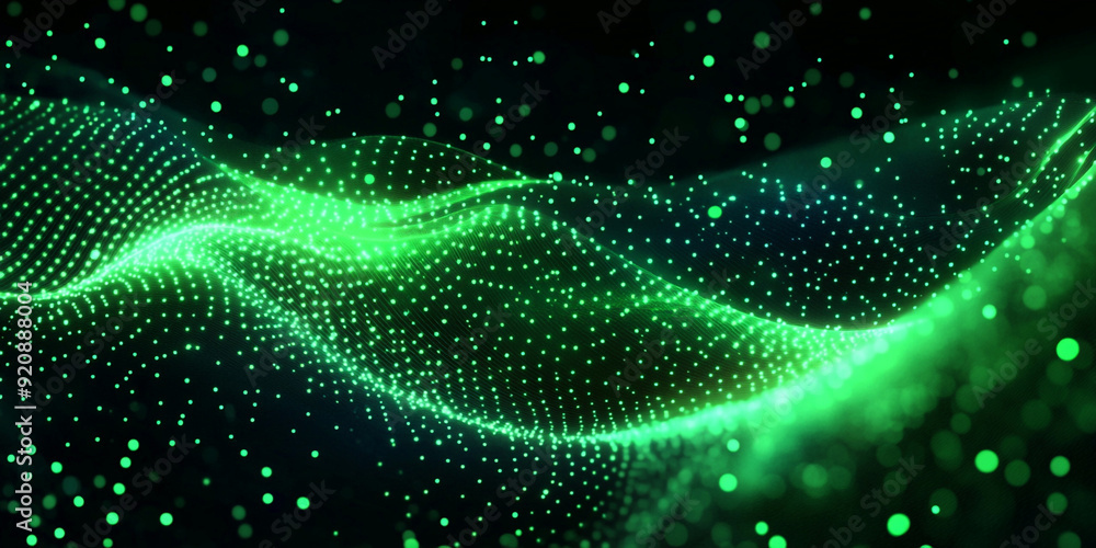 Poster green digital particles wave in the background with dots and lines, a futuristic design for technolo