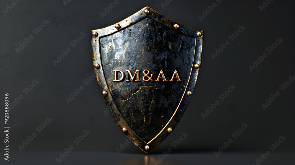 Poster photo realistic shield with dma text logo for secure data management | t shirt design concept featur