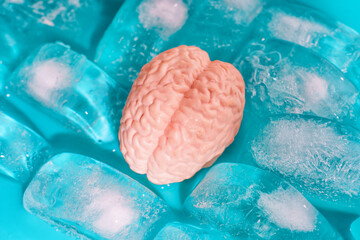 Brain Model on Ice Cubes in Turquoise Background
