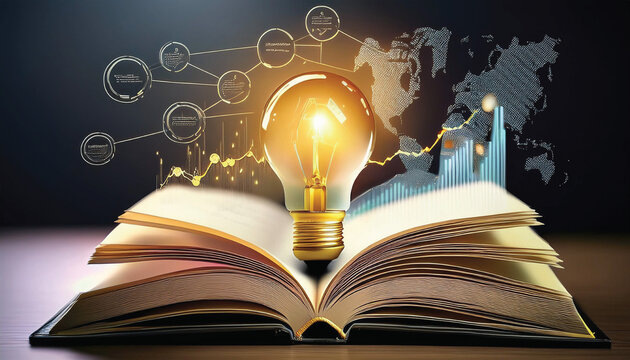 An open book with a glowing light bulb and futuristic diagrams represents innovation and knowledge.