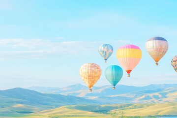 Fototapeta premium Colorful hot air balloons floating over a lush, green landscape under a clear blue sky, creating a peaceful and picturesque scene.