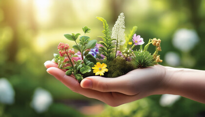 A hand delicately holds a variety of small, colorful flowers and plants, symbolizing nature's beauty.