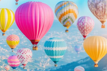 Colorful hot air balloons floating over a lush, green landscape under a clear blue sky, creating a peaceful and picturesque scene.