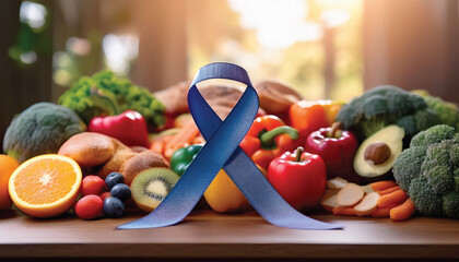 A blue awareness ribbon amidst fresh fruits and vegetables signifies health and wellness advocacy, world diabeted day cancept