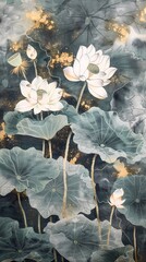 Watercolor embroidery blue gold lotus illustration poster background