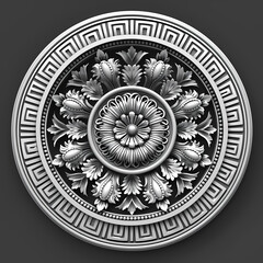 Obraz premium Vector round floral monochrome classic ornament. Greek meander. Patterns of Greece and ancient Rome. European border in a circle.