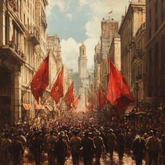A group of enthusiastic revolutionaries marches forward with red flags, exuding energy and determination. The scene is filled with a sense of unity, passion, and collective movement towards change.
