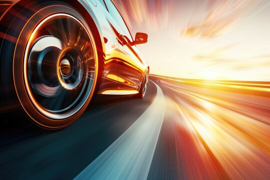 Sleek car speeding on a curving road at sunset with motion blur effects. Concepts of speed, adventure, and dynamic travel.