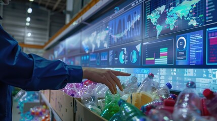 Person sorting plastic bottles at a recycling facility with digital world maps and data graphs in the background. Concepts of recycling, waste management, and environmental conservation.