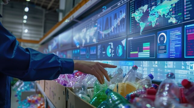 Person sorting plastic bottles at a recycling facility with digital world maps and data graphs in the background. Concepts of recycling, waste management, and environmental conservation.