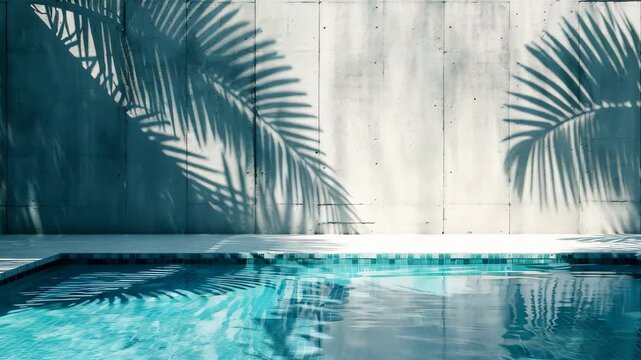 Sunlit palm tree shadows on modern pool wall