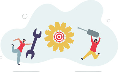 repair service work with gears and target for marketing efficiency monitoring.flat design with people.