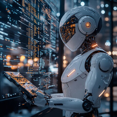 Fototapeta premium robot; humanoid; AI; technology; data; analysis; financial; charts; futuristic; high-tech; cybernetics; automation; innovation; digital; intelligence; cyber; advanced; machine; computing; virtual; sci