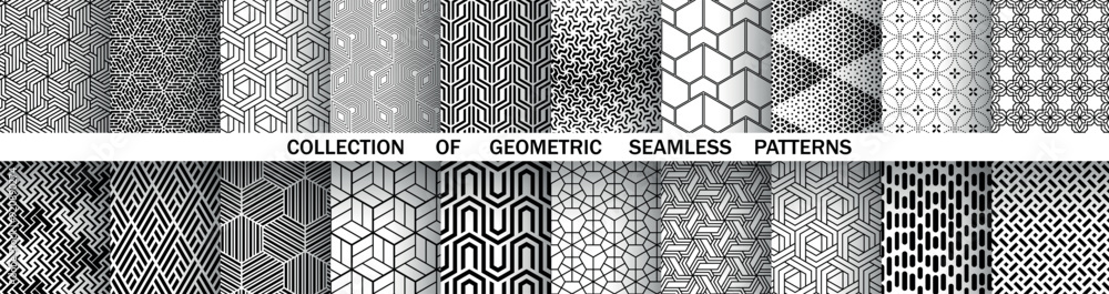 Fototapete Geometric set of seamless black and white patterns. Simple vector graphics.
