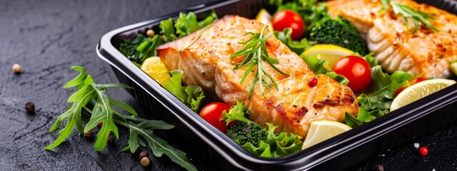  A tray in focus, showcasing salmon and broccoli against a black surface Tomatoes and lemons nestled alongside