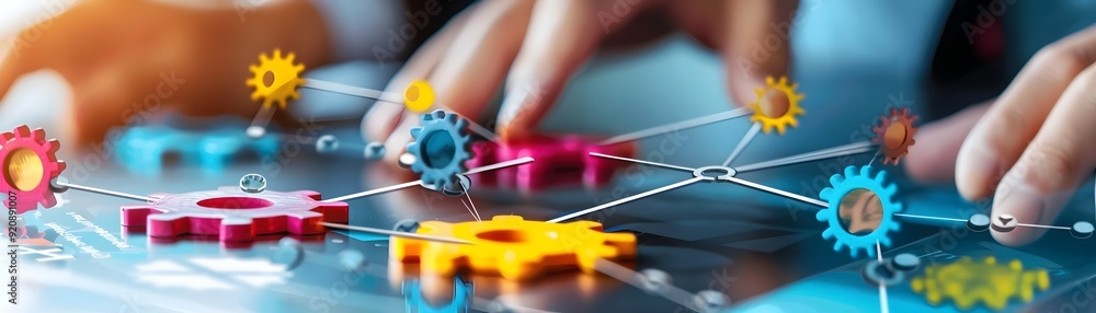 Poster teamwork and connection - interlocking gears on a digital interface.
