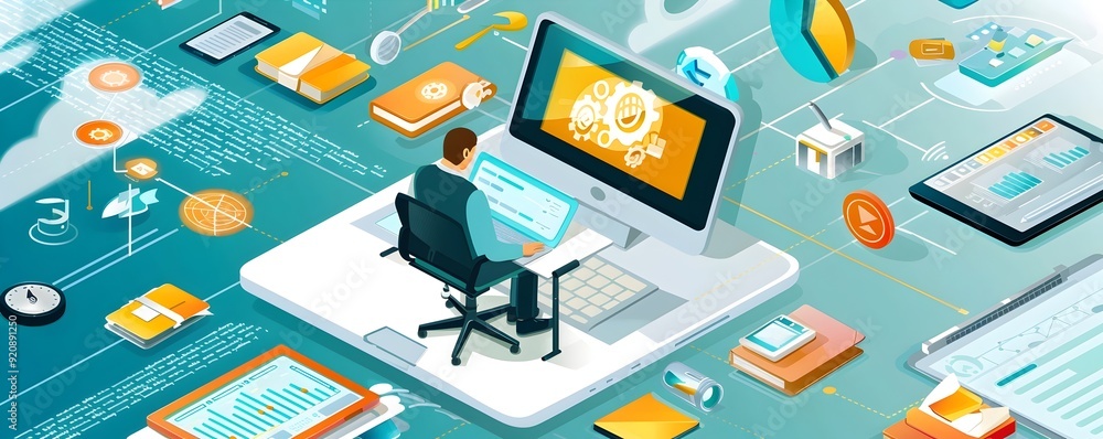 Poster isometric illustration of a man working on a computer with a technology background.