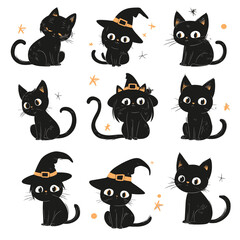 Kawaii Black Cats and Witches - Cute Halloween Cat Illustrations