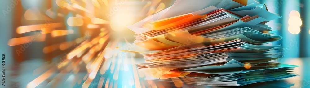 Aufkleber stack of papers with bokeh background.