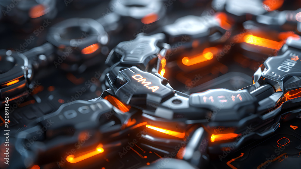 Poster photo realistic tech rings with dma text logo concept interlocking tech rings interconnected data ma
