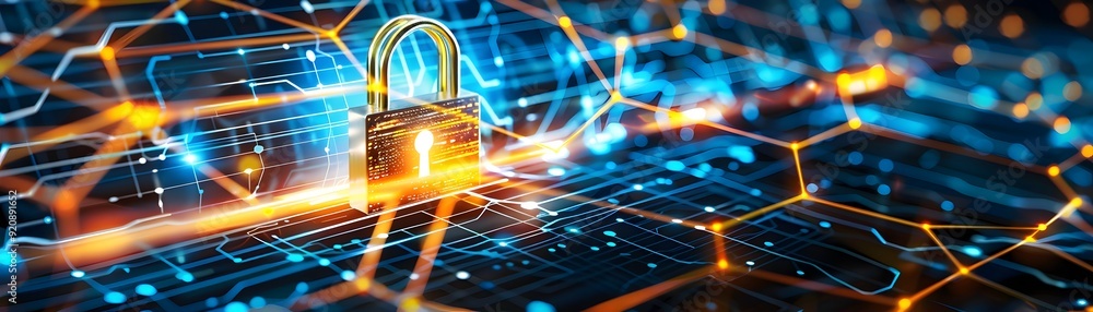 Poster cyber security concept with padlock on digital network.