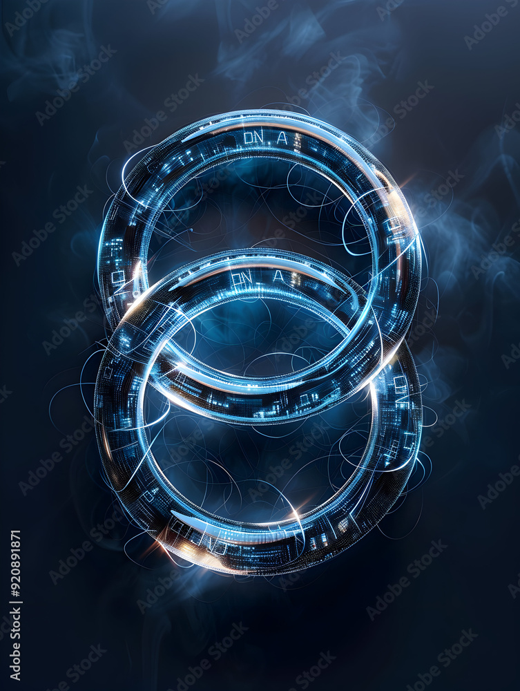 Poster tech rings with dma text: photo realistic logo concept for interconnected data management ideal for 