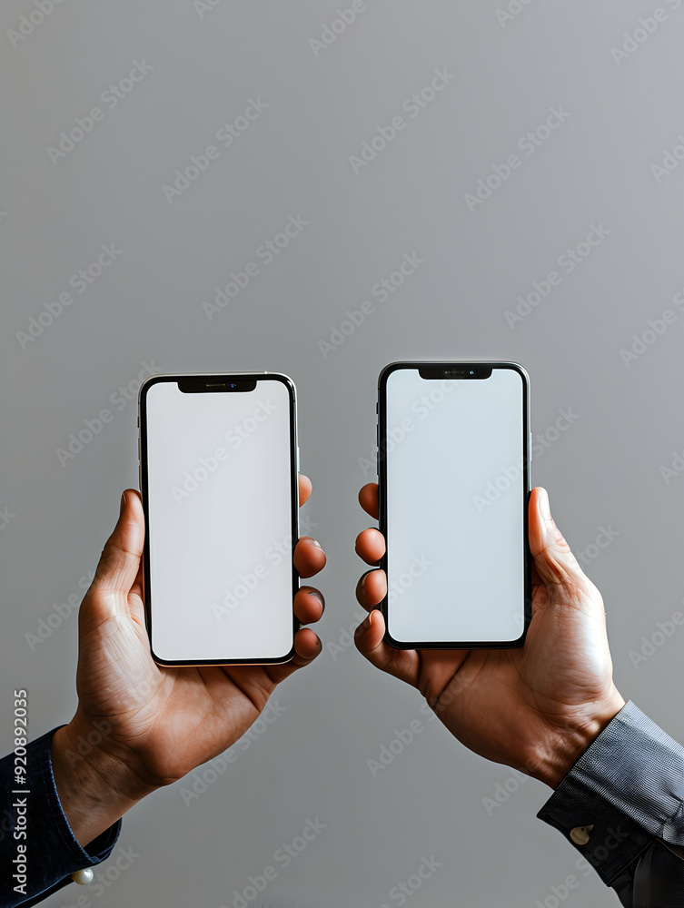 Aufkleber photo realistic two hands holding mobile devices displaying authentication apps concept with blank s