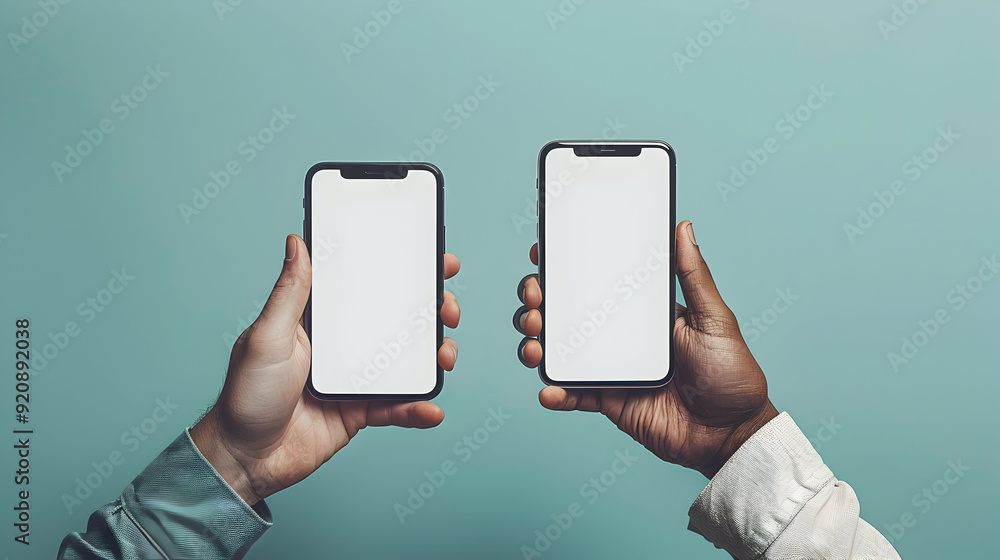 Poster mobile devices authentication apps concept: photo realistic image of two hands holding phones with b