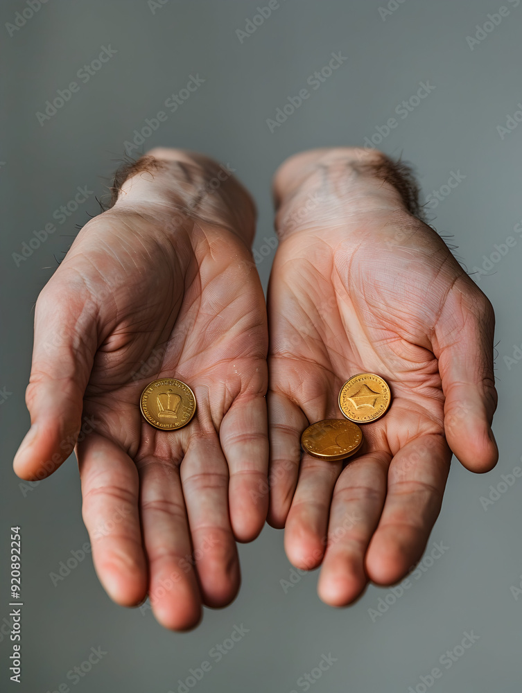 Poster photo realistic concept: two hands holding security tokens for multi factor authentication on plain 