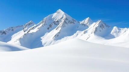 Snow-covered mountain landscape, peaks glistening in the sunlight, clear blue sky, untouched white snow, serene and majestic view, copy space for adventure and winter themes