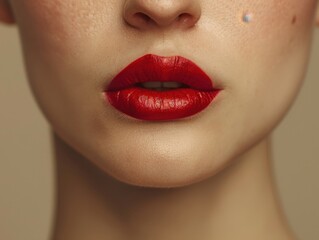 Fototapeta premium Close-up of luscious red lips with glossy finish against a blurred backdrop, capturing beauty and elegance in natural light
