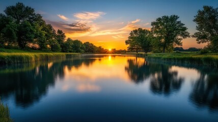 Obraz premium Sunset over a tranquil lake