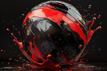 This is a striking 3D render that features a black sphere beautifully splashed with vibrant red paint, showcasing a sense of dynamic motion and artistic flair set against a contrasting dark backdrop