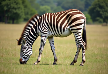 A beautiful zebra grazing in a grassy field.