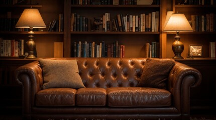 Brown leather sofa bathed in warm bookshelf lamp 