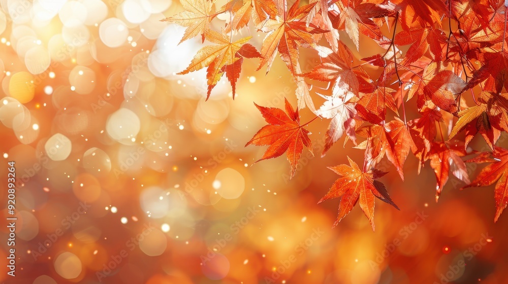 Poster red maple leaves against a bokeh background of orange and yellow hues