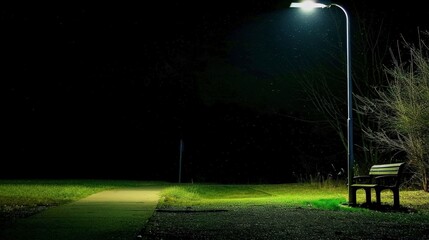 Obraz premium A dimly lit park scene at night featuring a bench and a streetlamp.